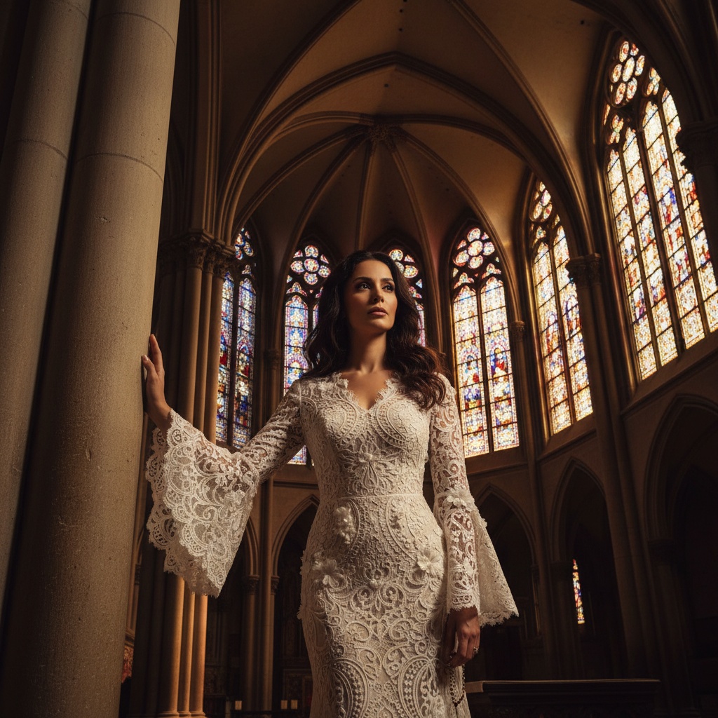Olivia, a striking Middle Eastern female figure aged 30, embodies the ethereal grace of a modern-day cathedral muse. She wears an intricate ivory lace gown reflecting Gothic architecture, with sweeping bell sleeves and delicate floral appliqués. Set against the grandeur of a cathedral's soaring arches and sun-drenched stained glass windows, she's at the center bathed in warm, filtered light. Her long, flowing hair styled in soft waves frames her serene, contemplative expression. One hand rests gently on a stone column while the other lightly drapes at her side, capturing a moment of introspection. The low-angle perspective underscores the cathedral's ceilings, enhancing the reverence and timelessness of the scene, employing chiaroscuro lighting to highlight the gown's intricate details and her delicate features. This composition evokes harmony and balance, transforming the scene into a breathtaking portrait for Vogue Italia.
