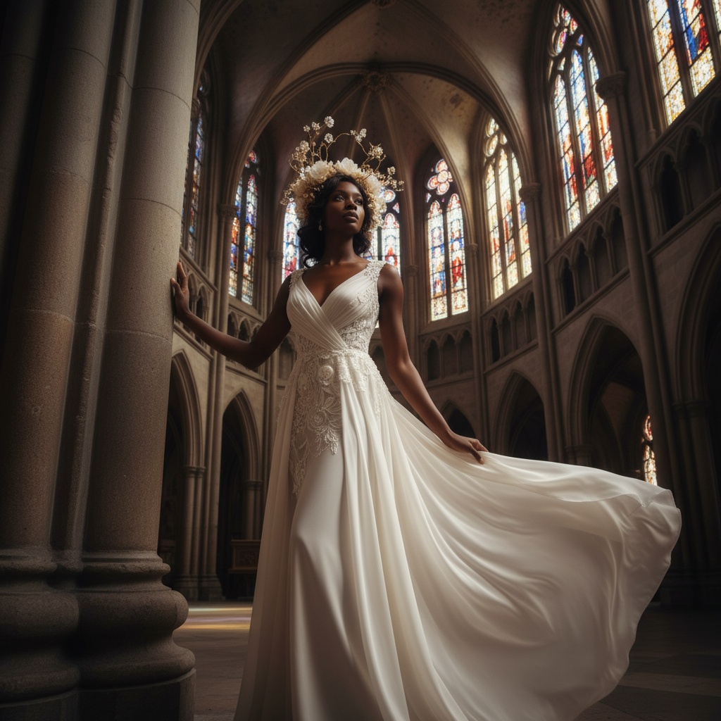 Olivia, a 22-year-old black woman embodies ethereal grace within the grand interior of a gothic cathedral. She wears an opulent ivory-chiffon gown adorned with delicate lace appliqués, flowing like liquid silk, with light filtering through the stained glass windows illuminating her figure. Her hair is styled in soft waves, crowned with a floral headpiece that mimics the intricate architectural designs. Posing gracefully with one hand brushing a cold stone column, her uplifted gaze reflects serenity while playful beams of light create a chiaroscuro effect around her silhouette. The composition follows the rule of thirds, capturing the majesty of the vaulted ceilings above, merging art with fashion in a moment of introspective beauty, radiating luminosity, perfectly suited for high-fashion editorial storytelling.