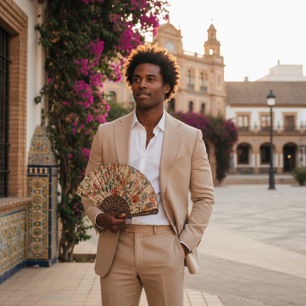 David, a 35-year-old Black male figure exuding the spirited essence of Seville, is captured in a vibrant outdoor scene filled with Andalusian charm. He is dressed in a tailored, sand-colored linen suit that showcases his athletic build, with a crisp white shirt visible. The lightweight fabric billows gently in the Mediterranean breeze, combining elegance and comfort. His relaxed stance includes one hand in his pocket and the other holding a classic Spanish fan, intricately decorated. His textured hair catches the late afternoon sun, enhancing the sun-kissed warmth of his skin. The background showcases the iconic architecture of Seville with ornate tiles and blooming bougainvillea, creating an intoxicating mix of color and texture. The soft, diffused lighting accentuates his features, projecting sophistication and charm that embodies the heart of Seville. This image tells a story of leisurely afternoons spent exploring the historic streets, evoking a longing for sun-soaked travel and vibrant culture.