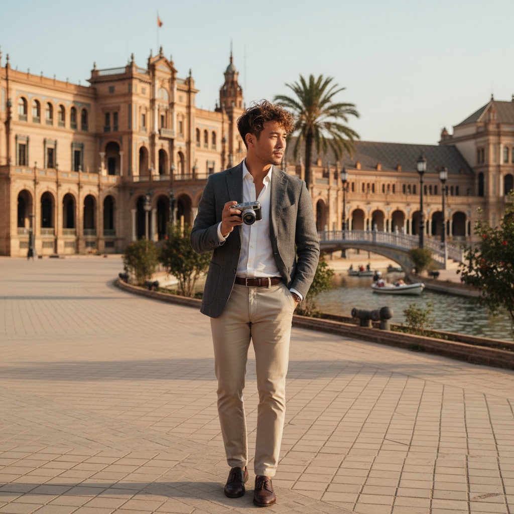 James, a striking 28-year-old Asian male figure embodying the vibrant culture of Seville as he strolls through the historic Plaza de España. He wears a fitted, charcoal linen blazer over a crisp white shirt with sleeves rolled up, paired with light beige chinos and polished leather loafers. His tousled, sun-kissed curls are illuminated by the golden Andalusian sun. With one hand in his pocket and a vintage camera in the other, he confidently captures the essence of the captivating setting, framed by intricate tile work and lush greenery, showcasing the allure of Spanish culture.