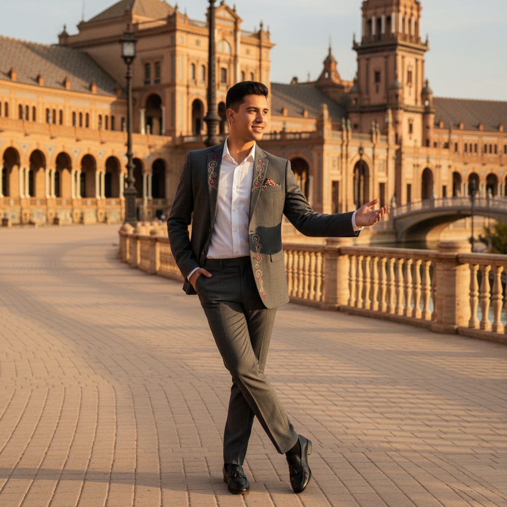 James, a 23-year-old Latin male figure, elegantly poised against the vibrant backdrop of Seville's iconic Plaza de España, embodying modern-day flamenco charm. He wears a tailored charcoal linen suit with intricate embroidery, complemented by a crisp white shirt and polished black leather loafers. In a dynamic yet relaxed pose, one hand in his pocket and the other inviting a dance, he radiates confidence with a soft smile. The golden-hour light bathes the scene, enhancing the rich colors of the plaza and celebrating Andalusian culture, while capturing the vivacity of youth and style.