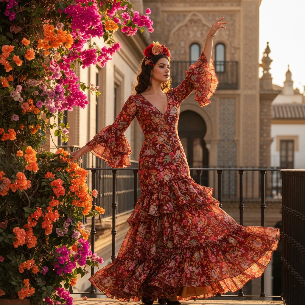 A captivating portrait of Olivia, a 24-year-old Latin woman, standing atop a sunlit balcony in Seville, adorned with vibrant bougainvillea. She wears a flowing, hand-embroidered chiffon georgette gown with intricate floral motifs and ruffles, embodying flamenco's passionate spirit. Her hair is styled in romantic waves with a floral hairpiece, glowing in the soft golden hour light that creates an ethereal halo effect around her. One hand rests on the banister while the other is lifted mid-twirl, recalling the movement of flamenco dance. The ornate Moorish architecture and tile work in the background enhance the scene's cultural depth, suggesting a romantic wanderlust and reverence for Seville's vibrant heritage.