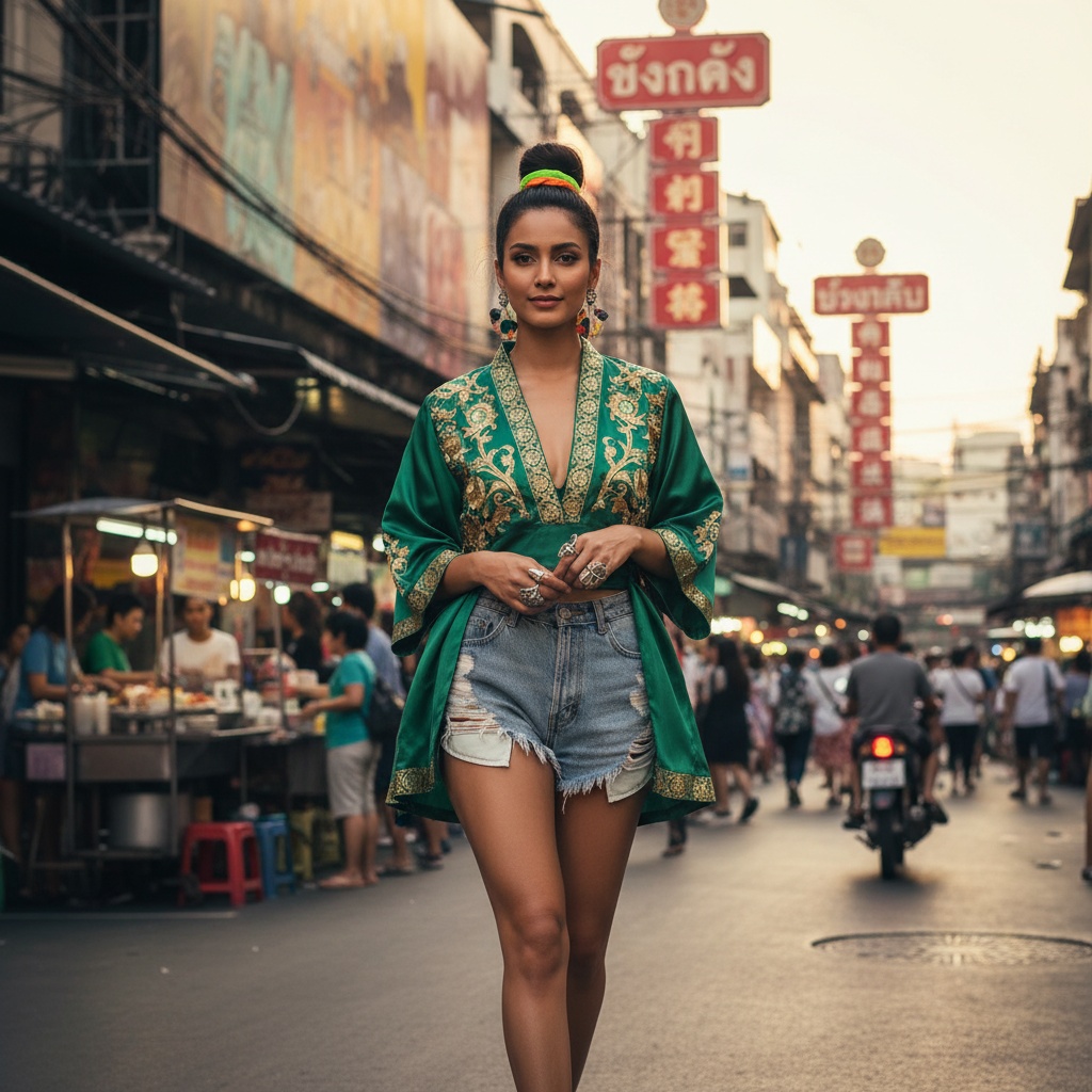 Emily, a striking 28-year-old Arab female figure, embodies the vibrant spirit of Bangkok's street culture, captured amidst a colorful urban mosaic. She wears a tailored kimono jacket in rich emerald silk with intricate gold embroidery, high-waisted distressed denim shorts showcasing her long legs. Accessories include hand-crafted silver rings and bold oversized earrings made from recycled materials. Styled with a playful high bun and neon hair ties, she stands confidently in the bustling backdrop of neon signs and street vendors, bathed in warm late afternoon light. The scene, alive with cultural richness and a sense of motion, invites viewers to experience the exhilarating mix of tradition and modernity that defines Bangkok. The composition artfully captures her dynamic pose within this tapestry.