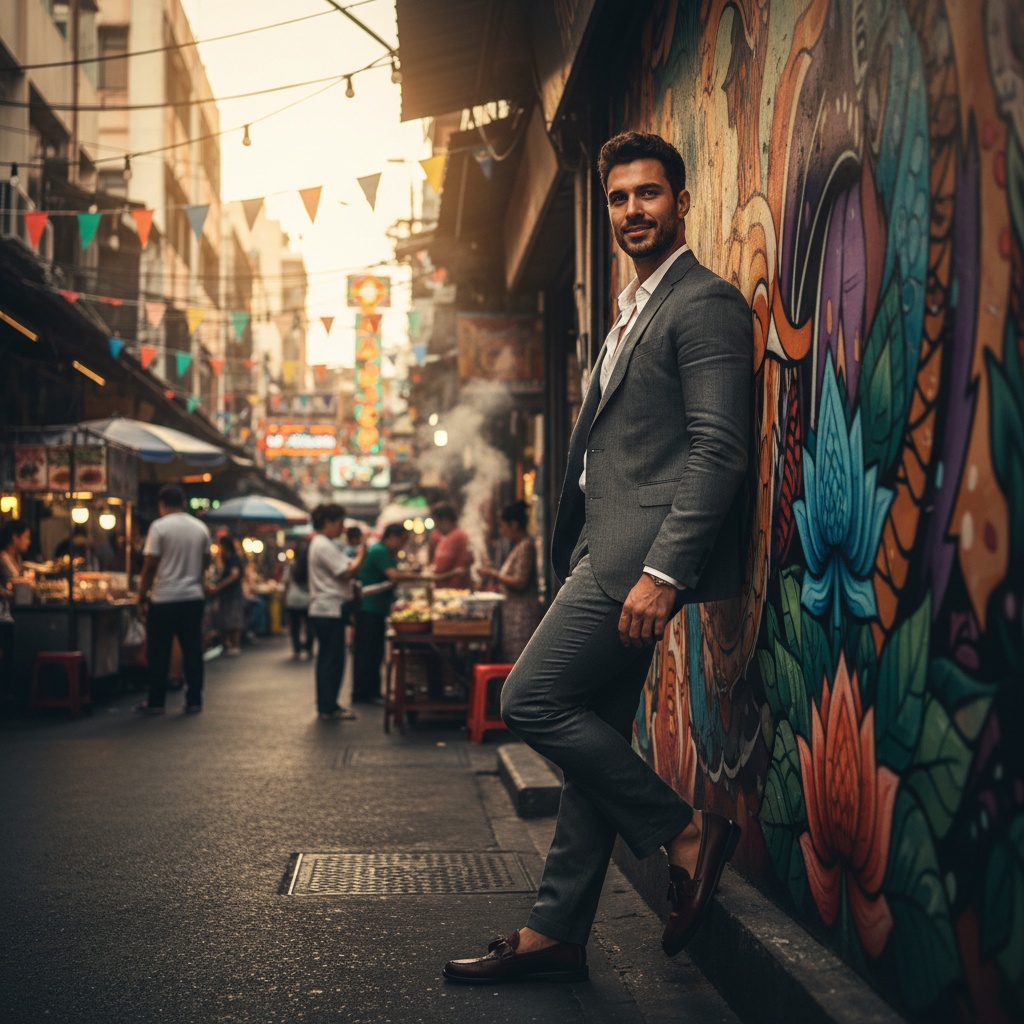 James, a striking 27-year-old Arab male figure, embodies the vibrant spirit of Bangkok’s urban landscape. Dressed in a tailored, charcoal-grey linen suit with a crisp white shirt, unbuttoned at the collar, he leans against a vibrant mural amidst a bustling street market. The backdrop features colorful stalls and the inviting scent of street food under the warm golden hour sun, which highlights his chiseled features and relaxed yet confident demeanor. Neon lights reflect off his leather loafers, capturing the excitement and allure of urban adventure in a beautifully lit scene. The mix of chiaroscuro lighting adds dramatic contrast, enriching the storytelling of Bangkok's rich culture and community. The image resonates with a sense of exploration and wanderlust.