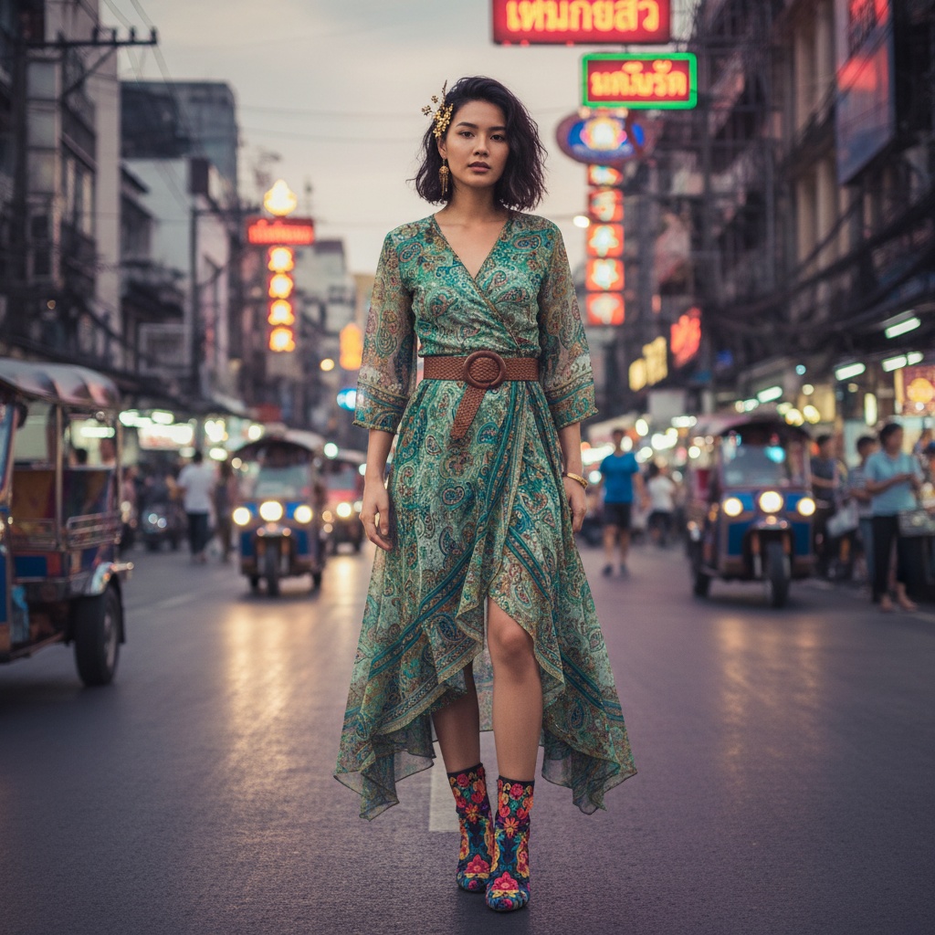 Jane, a 25-year-old Asian woman, exudes the vibrant spirit of modern Bangkok, standing gracefully against a backdrop of bustling street life and neon lights. She wears a striking asymmetrical wrap dress in intricate paisley print, crafted from lightweight chiffon that billows in the warm evening breeze. With a high slit and cinched at the waist by a woven leather belt, her silhouette is complemented by vibrant, embroidered ankle boots. Her loose, tousled hair features delicate gold accessories inspired by traditional Thai motifs as she gazes confidently into the camera. Captured at dusk, the ambient glow from the city's neon signage creates a magical chiaroscuro effect, embodying the essence of adventure, cultural richness, and modern femininity. The composition follows the rule of thirds, allowing the vibrant colors and energy of the Bangkok nightlife to serve as a living tapestry behind her, with the trigger word Jane.