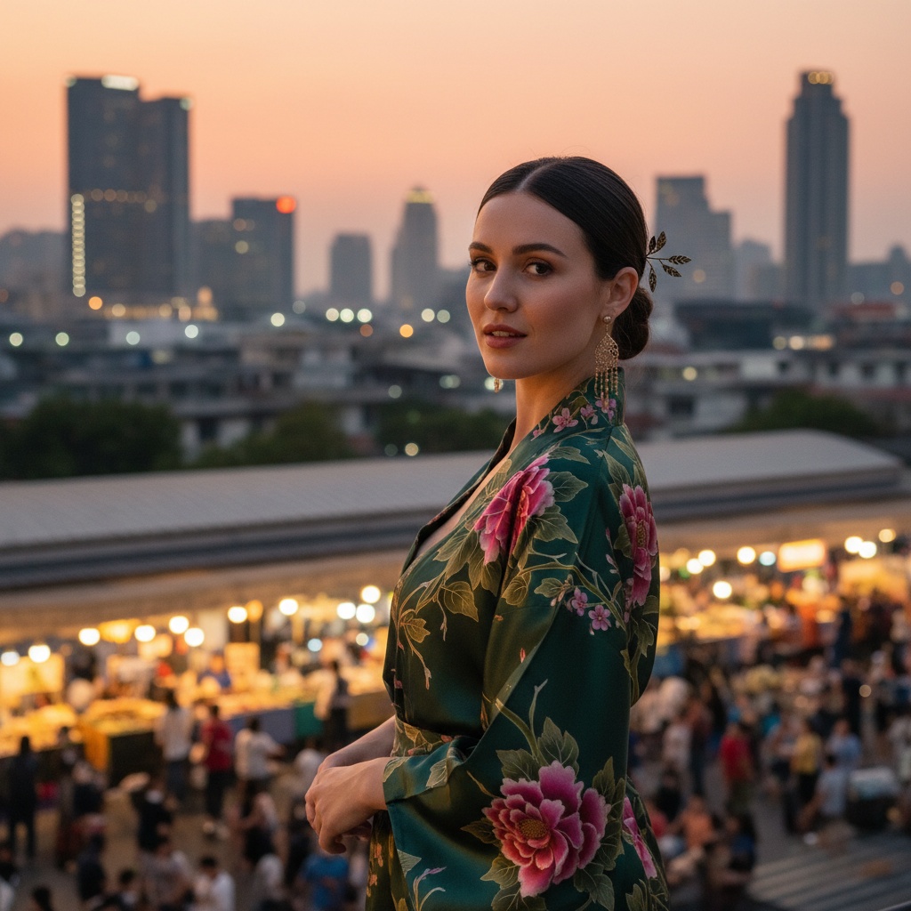 Olivia, a captivating 24-year-old white woman, stands against the vibrant skyline of Bangkok, radiating the city's electric spirit. Dressed in a flowing, hand-painted silk kimono featuring intricate floral motifs of deep jade and fuchsia, she embodies chic sophistication. Her sleek low bun adorned with gold leaf hairpins glimmers in the city lights. The scene captures her confidence as she gazes at the camera, delicate lantern-inspired earrings swaying gently. Set during the golden hour, soft lighting enhances her outfit's vivid colors against the bustling night market backdrop, creating a balance that invites viewers into the enchanting energy of Bangkok. The composition follows the rule of thirds, highlighting the harmonious blend of modern life and traditional beauty.