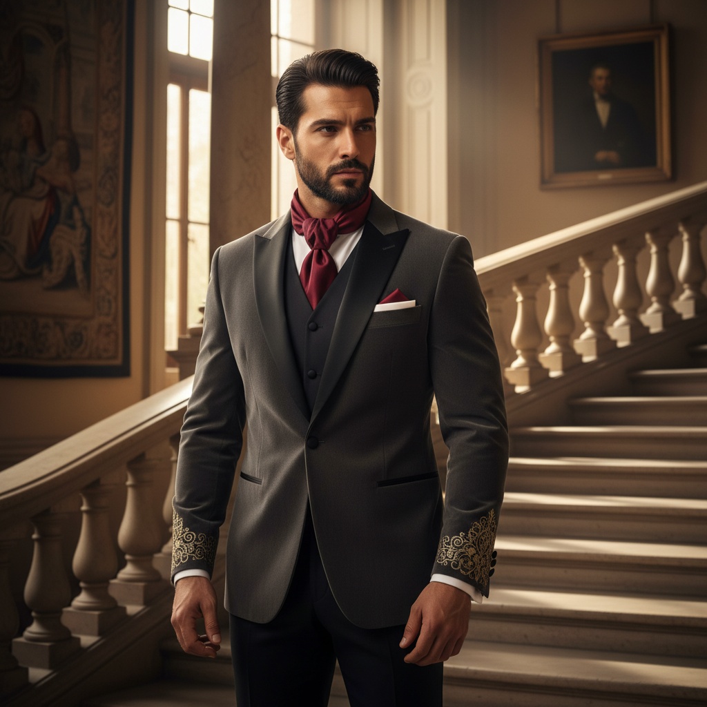 David, a distinguished Arab male figure aged 31, poses against the opulent backdrop of a grand palace. Dressed in an intricately tailored charcoal velvet tuxedo with silk lapels and deep merlot cravat, he embodies regal masculinity. Standing at the grand staircase, framed by marble balustrades, his strong physique and confident stance radiate authority and charm. Golden hour sunlight filters through tall windows, casting warm tones that accentuate the detailed craftsmanship of his attire. His gaze is directed off-camera, evoking a sense of mystery and allure, reminiscent of cultural icons.