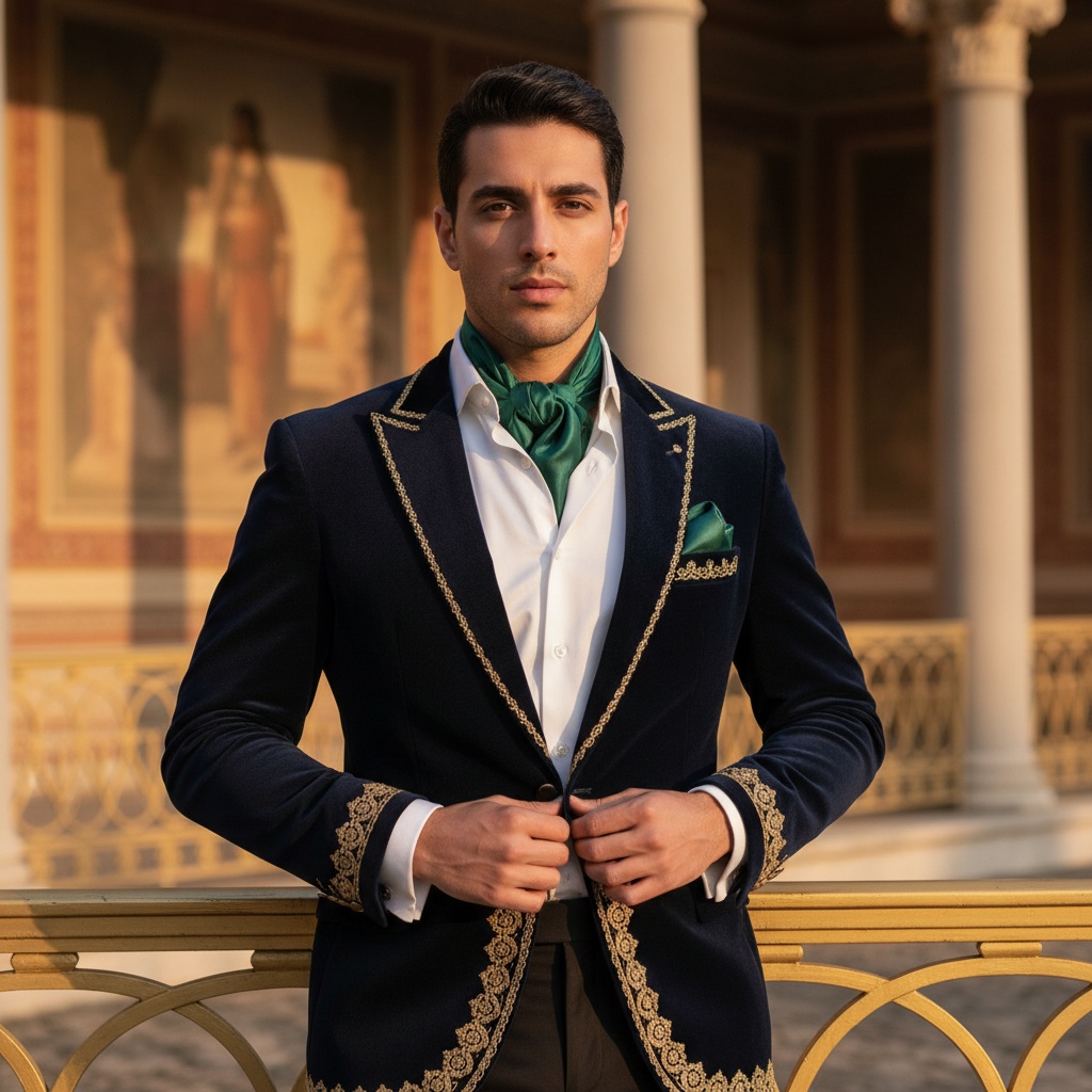 David, a striking Arab male figure aged 23, embodies the regal essence of a modern-day prince within the opulent confines of a grand palace. Draped in a meticulously tailored midnight blue velvet blazer with intricate gold embroidery, he commands attention. Beneath, a crisp white silk shirt is complemented by a silk cravat in a rich emerald hue. His pose is poised yet relaxed, one hand on a gilded balustrade while the other adjusts his jacket lapel. The soft warm glow of golden hour lighting accentuates his jawline and the palace architecture behind him, featuring grand columns and ornate frescoes that enhance the regal atmosphere. The composition utilizes the rule of thirds and negative space, radiating an air of timeless elegance and youthful confidence. The image captures a narrative intertwining modernity with centuries-old grandeur.