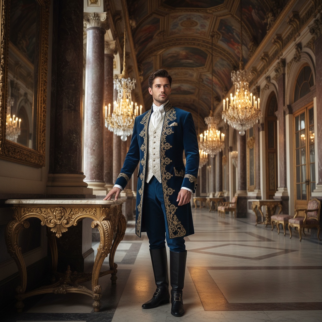 James, a regal male figure aged 31, stands majestically in the opulent setting of a Grand Palace. He wears a tailored royal blue velvet suit with intricate gold embroidery, complemented by a crisp white silk cravat and elegant polished leather boots. The breathtaking palace interior features sweeping marble columns, grand chandeliers casting a warm glow, and ornate frescoes on the ceilings. His poised yet relaxed posture, with one hand on a baroque console and the other by his side, exudes sophistication. His intense gaze directed slightly off-camera suggests deep awareness of his power and responsibility, capturing a moment of quiet reflection amidst luxury.