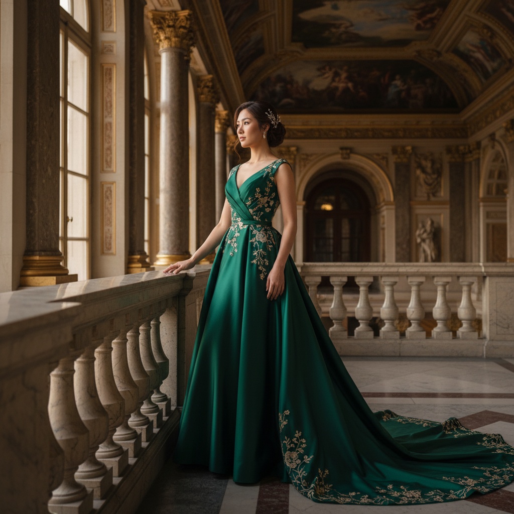 Sarah, a regal 22-year-old Asian woman, embodies the grace of a modern-day queen within the lavish settings of a grand palace. She is draped in a magnificent deep emerald green silk satin gown, tailored with intricate princess seams and a flowing train. The gown features delicate gold embroidery that beautifully catches the light, accentuating her silhouette. Her hair is styled in a romantic updo adorned with crystal hairpins, showcasing her serene yet commanding presence. The ornate architecture of the palace, with gilded columns and intricate frescoes, frames the scene, while soft, natural light streams through the expansive windows, creating a chiaroscuro effect that enhances her refined features. Positioned at a slight angle, one arm gracefully rests on a grand marble balcony, drawing the viewer's eye toward her contemplative gaze, evoking themes of regal heritage and contemporary femininity, reminiscent of classic portraiture.