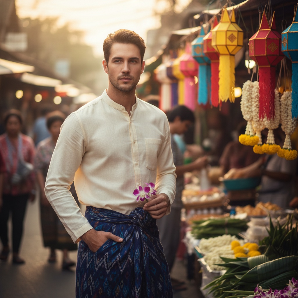 James, a striking 24-year-old male model, is immersed in the vibrant cultural tapestry of Chiang Mai, Thailand. He wears a flowing, handwoven indigo sarong paired with a fitted ivory linen shirt, merging traditional Thai craftsmanship with contemporary style. Surrounded by a bustling street market featuring brightly painted lanterns and fresh flowers, he poses relaxed yet charismatic, one hand casually tucked into his sarong while the other cradles a blooming orchid, symbolizing harmony between tradition and modernity. The scene is bathed in warm golden hour sunlight, casting long shadows that enhance the textures of his outfit, all captured with a shallow depth of field to emphasize the connection to local culture. This composition evokes exploration and reverence for Chiang Mai's rich heritage.