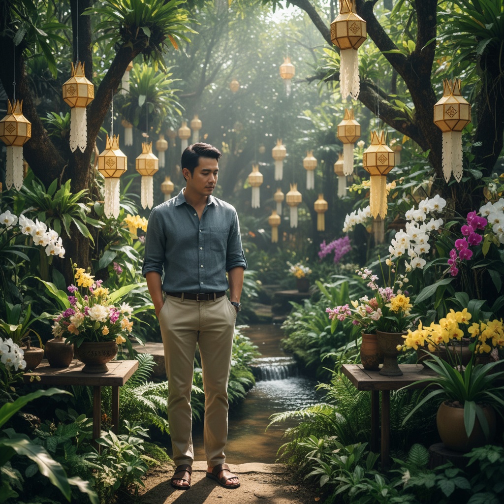 James, a 34-year-old Asian male figure, embodies the spirit of Chiang Mai in a serene moment of reflection amidst lush greenery. He is styled in a lightweight charcoal linen shirt with rolled-up sleeves, beige tailored trousers, and airy leather sandals. The tranquil, sun-dappled garden is adorned with golden lanterns and delicate flower arrangements, with James standing near a gently flowing stream. The natural light filters through the trees, casting ethereal shadows on his contemplative expression, capturing the essence of modern travel and cultural heritage in Chiang Mai.