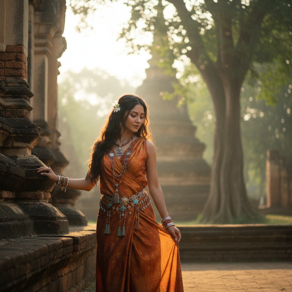 Olivia, a captivating 31-year-old Arab woman, stands gracefully against the backdrop of ancient temples in Chiang Mai. Dressed in a flowing, hand-woven silk wrap in rich saffron tones and adorned with intricately beaded accessories that reflect Lanna culture, she exudes a blend of tradition and modern elegance. Her long dark hair, styled in loose waves with delicate jasmine blossoms, adds a touch of serenity. The soft morning light highlights her silhouette and the intricate details of her attire, creating an ethereal ambiance with a delicate chiaroscuro effect. The pose captures a moment of quiet reflection, inviting viewers into the rich cultural tapestry of Chiang Mai.