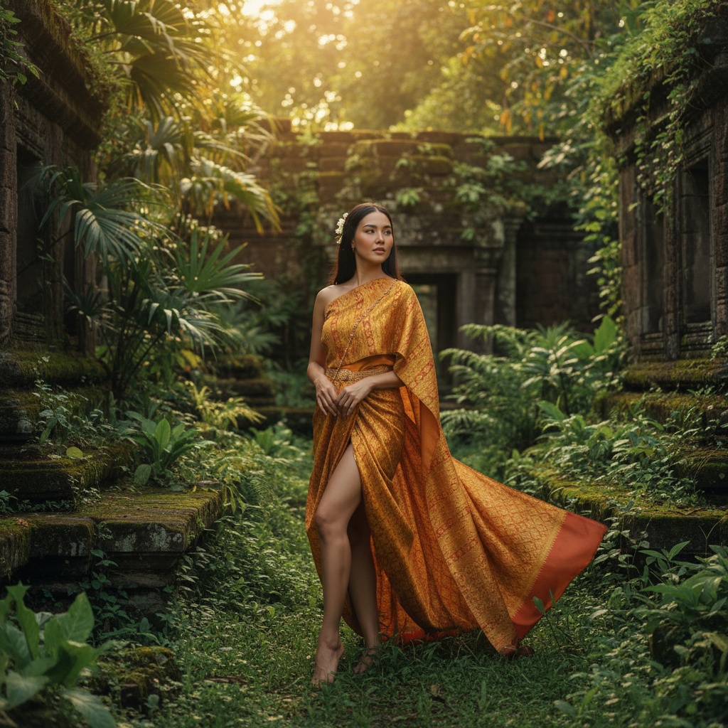 Olivia, a 30-year-old Asian woman, elegantly poised amidst the lush backdrop of Chiang Mai, surrounded by vibrant green foliage and ancient temples. She wears a flowing, handwoven, ochre-hued silk dress adorned with intricate Thai patterns, with an asymmetrical silhouette that creates an ethereal quality. Long dark hair cascades down her back, subtly adorned with jasmine flowers, while her makeup highlights a natural glow. Standing thoughtfully with one foot angled, she embodies peace and introspection, illuminated by the soft golden light of the setting sun filtering through leaves, enhancing the natural textures of her attire and the temple background, capturing the essence of Thai culture and beauty. The image reflects harmony between contemporary fashion and cultural heritage, inviting viewers into a serene narrative.