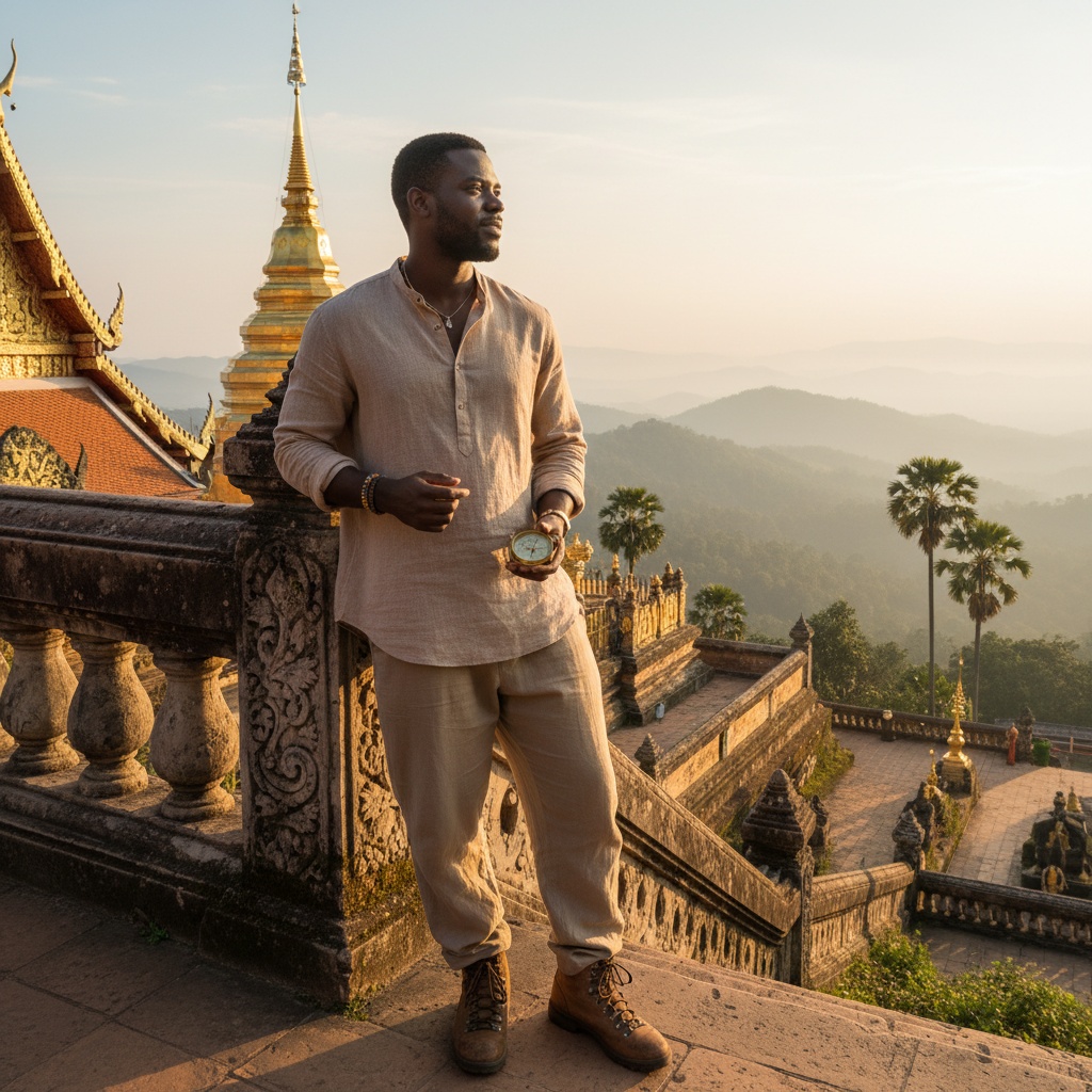 David, a 28-year-old Black male figure stands proudly atop Doi Suthep Mountain in Thailand, embodying a contemporary explorer's spirit. He is dressed in lightweight, earth-toned linen attire paired with rugged hiking boots, with one hand resting on a traditional stone railing and the other holding a vintage compass. The ornate Wat Phra That Doi Suthep temple can be seen in the background, illuminated by soft golden hour sunlight. The composition emphasizes his connection to this sacred location, evoking a sense of spiritual awakening and cultural appreciation.