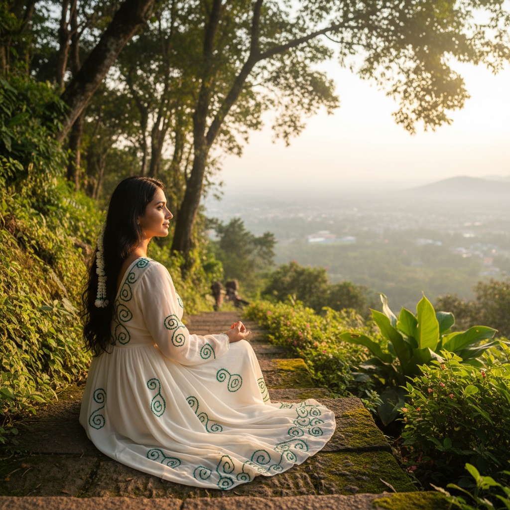 Emily, a serene 22-year-old Indian woman, embodies the tranquil beauty of Doi Suthep, sitting in a meditative pose atop the temple's stone steps, draped in an ethereal cream-colored chiffon gown with intricate hand-stitched emerald embroidery. Sunlight filters through the trees, casting a golden glow on her features as she gazes at the breathtaking view of Chiang Mai. Her long dark hair flows freely, adorned with a jasmine garland, symbolizing purity and grace, as a subtle smile reflects peace and wisdom. The lush greenery wraps around her, creating a harmonious blend of humanity and spirituality in a dreamlike composition that captures a moment of enlightenment. The rule of thirds anchors her figure while the expansive view stretches majestically behind her, evoking cultural richness and connection to nature.