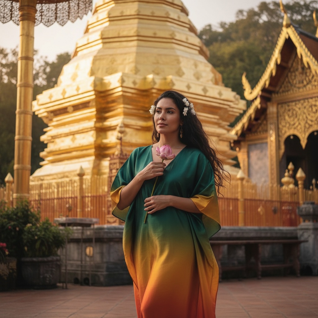 Jane, a 35-year-old Latin woman exuding serene grace at Doi Suthep in Chiang Mai, Thailand. She stands by the iconic golden stupa wearing an ethereal silk kaftan that transitions from deep emerald green to sunset gold. Her long dark hair, adorned with delicate jasmine flowers, flows softly as sunlight filters through lush trees, casting a warm glow on her serene expression. One hand raises a lotus flower toward her heart, symbolizing divine connection. The architectural details of the temple frame her silhouette beautifully, capturing the spiritual essence of the moment during golden hour. The photograph embodies tranquility and the harmonious relationship between femininity and sacred space, enhanced by the trigger word Jane.
