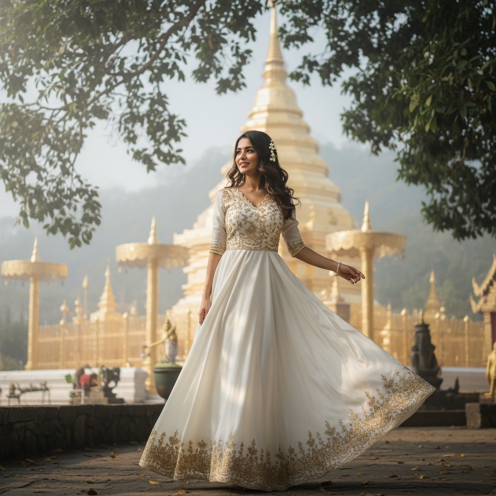 Sarah, a 27-year-old Indian woman exuding serene grace, standing against the sacred backdrop of Doi Suthep, Thailand. She is draped in a flowing ivory silk chiffon gown with intricate gold embroidery, billowing gently in the breeze. Her soft, cascading waves of hair adorned with delicate jasmine flowers enhance her ethereal beauty. The scene is illuminated by subtle sunlight filtering through lush greenery, creating a dappling effect on her features. Sarah strikes a poised yet playful pose, inviting the viewer into her tranquil escape. The majestic Thai temple complex rises behind her, enveloped in mist, creating a sense of cultural dialogue and reverence, perfect for a striking editorial piece.