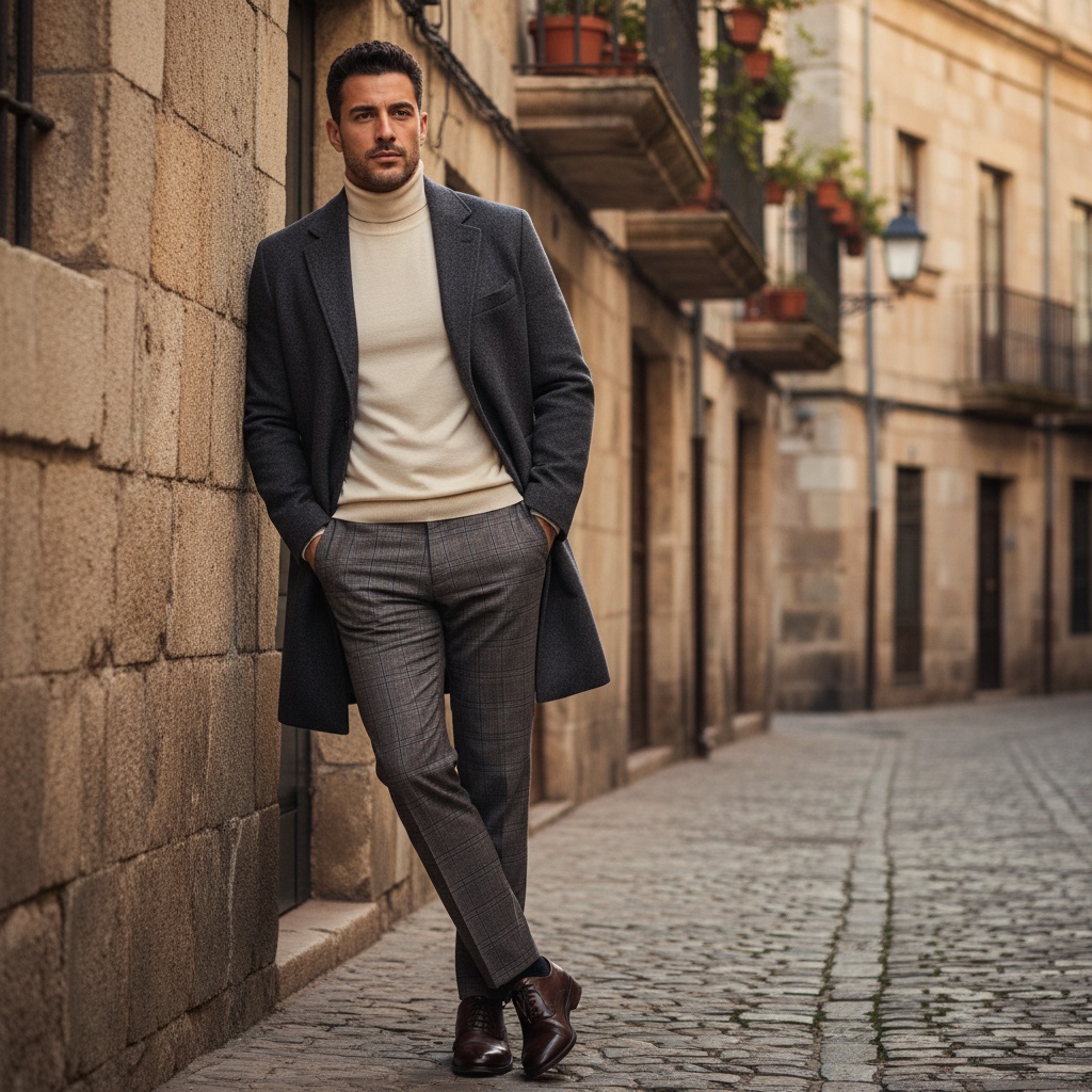 David, a 32-year-old Latin male model, strolls through the cobbled streets of an ancient European city, embodying modern elegance in a tailored charcoal wool overcoat layered over a cashmere turtleneck. His finely tailored muted plaid trousers and polished oxford shoes add sophistication to his look. Leaning casually against a weathered wall, he exudes relaxed confidence, framed by historic stone structures and wrought-iron balconies. Soft, golden hour sunlight highlights his chiseled jawline and soulful gaze, immersing the viewer in a nostalgic moment of timeless masculinity, capturing the rich history of his solitary journey.