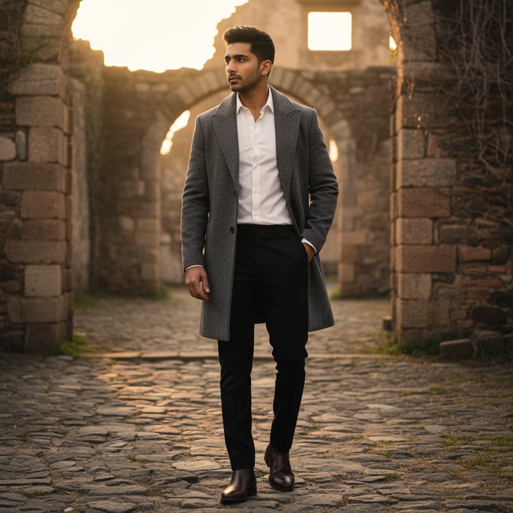 James, a 28-year-old Indian male model, stands in an ancient city setting, exuding timeless sophistication. He is wearing a textured charcoal wool overcoat with deep lapels over a crisp white dress shirt, paired with tailored black trousers and polished leather Chelsea boots. The backdrop features cobblestone streets, weathered stone arches, and ivy-clad walls, illuminated by warm golden sunlight casting dramatic shadows. His contemplative gaze off-camera evokes nostalgia, capturing the essence of a modern traveler. The composition framed using the golden ratio enhances visual elegance, while chiaroscuro lighting highlights the contours of his face and attire, provoking wanderlust and allure of both history and fashion.