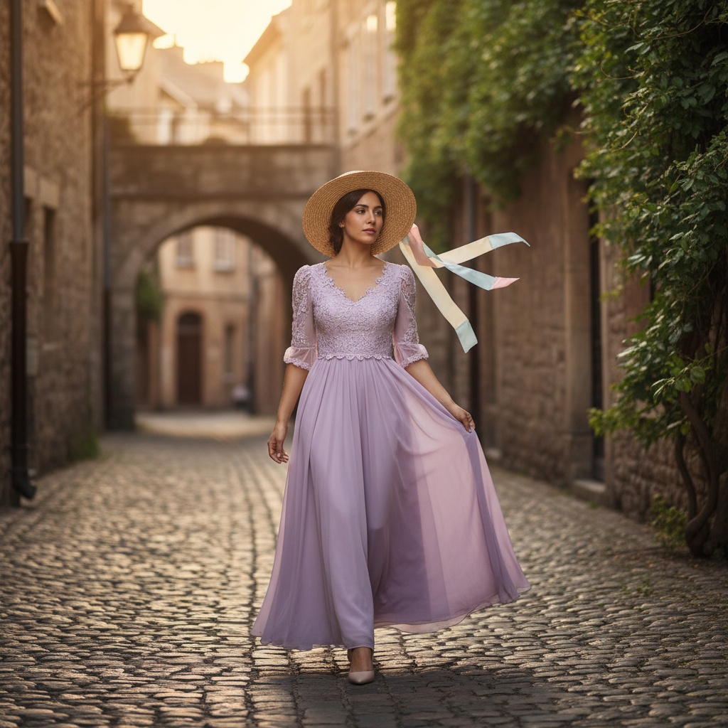 Jane, a 23-year-old Latin woman exuding vintage elegance as she strolls through a quaint cobblestone street in an old city, reminiscent of a European village. She wears a flowing, ankle-length lavender chiffon dress with intricate lace details, puffed sleeves, and an empire waist. Complementing her look is a wide-brimmed straw hat adorned with a pastel silk ribbon. The scene captures her in warm, natural light during the late afternoon, with golden sunlight filtering through historic archways, enhancing her features and the soft fabric of her dress. Textured stone walls and blooming ivy frame her figure in a composition that evokes romance and exploration, inviting viewers into her serene world.