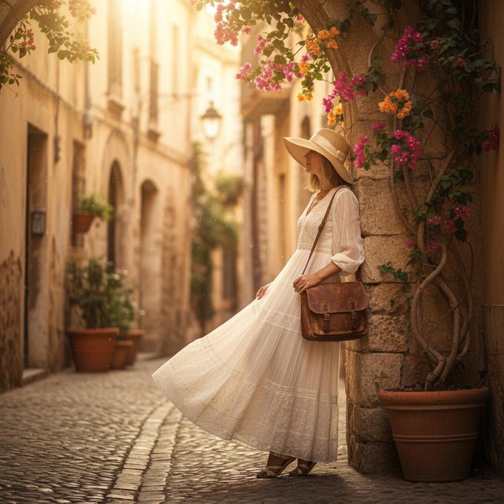 Sarah, a 33-year-old woman embodying the spirit of a modern-day wanderess, gracefully moving through the narrow cobblestone streets of an ancient old city. She wears a flowing ivory chiffon maxi dress adorned with delicate embroidery and hand-pleated details. A wide-brimmed straw hat casts a soft shadow over her features as she leans against a weathered archway, holding a vintage leather satchel. The scene is bathed in warm golden hour light, highlighting the vibrant bougainvillea and intricate textures of her attire and the stone walls. This captivating image invites viewers into her story of discovery and connection to history, filled with wanderlust and elegance.