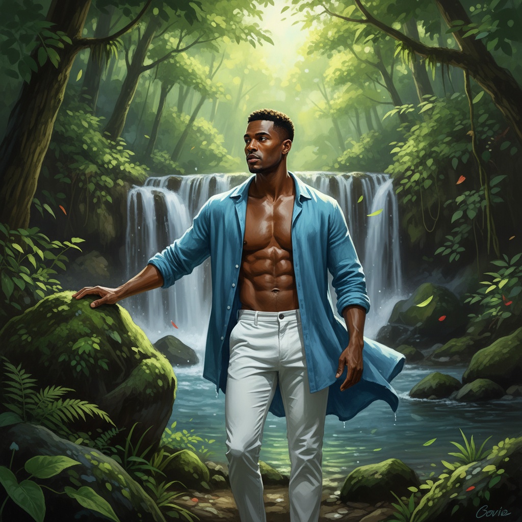 David, a striking 30-year-old black male figure, is situated in an ethereal forest in Thailand, surrounded by lush greenery and cascading waterfalls. He wears a lightweight, flowy linen shirt in ocean blue, paired with tapered white trousers. Natural light filters through the foliage, illuminating his sun-kissed skin and athletic physique. His relaxed yet commanding pose, with one arm draped over a rock, invites viewers to explore the serene adventure. His contemplative expression channels a deeper connection with nature, while dynamic elements like a gentle breeze add movement, creating a living painting that resonates with modern wanderers.