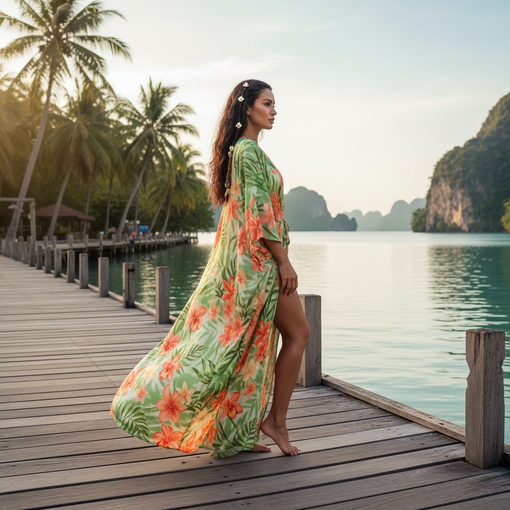 A mesmerizing portrait of Sarah, a 27-year-old Latin woman embodying the essence of a tropical goddess in Thailand. She wears a flowing, hand-painted silk kimono in jade and coral adorned with intricate floral motifs. Her long, dark hair cascades in waves intertwined with delicate jasmine blossoms. Posed gracefully on a rustic wooden dock that juts into a tranquil turquoise lagoon, she gazes intently at the horizon, bathed in soft sunlight that creates a warm glow. The composition utilizes golden ratio proportions, emphasizing her vibrant attire against the serene backdrop of palm trees and distant limestone cliffs, evoking wanderlust and cultural reverence. Her fluid yet poised posture invites viewers to join her in this paradise, making it a visually captivating piece worthy of high-fashion editorial.