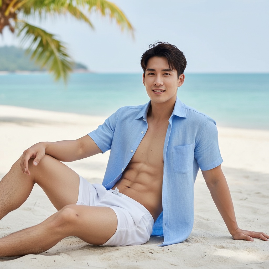 David, a 26-year-old Asian male model lounging on a pristine Phuket beach, exuding relaxed sophistication. He is dressed in a tailored linen short-sleeve shirt and fitted white swim trunks, revealing a toned physique ready for summer fun. His tousled hair glimmers under the sun, and a carefree smile reflects his confidence. The azure sea and lush palm trees frame the scene, with soft, diffused sunlight enhancing the tranquil atmosphere. The composition follows the golden ratio, drawing attention to the horizon where the sky meets the sea, embodying the idyllic beauty of island living. This image encapsulates a moment of blissful tranquility, inviting viewers to indulge in the essence of summer leisure.