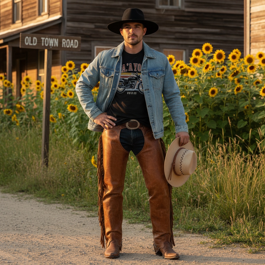 David, a 25-year-old male figure embodying modern cowboy culture, stands confidently at the edge of Old Town Road. He dons a fitted light-washed denim jacket over a graphic tee featuring a vintage motorcycle, paired with distressed leather chaps and knee-high cowboy boots. His wide-brimmed hat casts a shadow over his defined features, adding an air of mystery. Aged wooden buildings and wild sunflowers set the rustic backdrop, with the warm golden light of the late afternoon sun enhancing the scene's charm. His relaxed yet assertive pose, with one hand on his hip and the other holding a vintage cowboy hat, captures the spirit of freedom and a rebellious attitude, creating a fashion-forward interpretation of classic Americana.