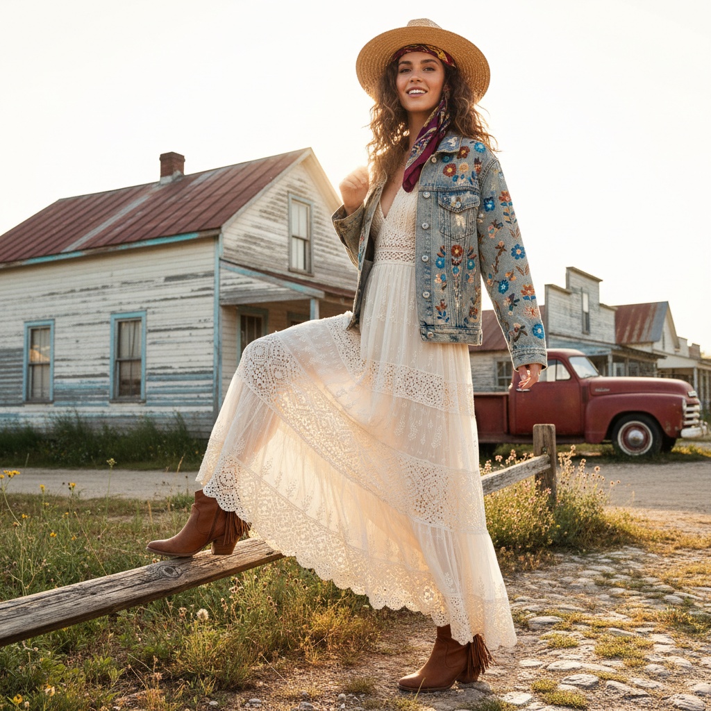 Emily, a 27-year-old white woman embodying modern bohemian spirit, caught mid-stride on a sunlit, dusty path of an old Americana town. She wears a flowing, hand-crocheted ivory maxi dress with delicate tulle layers, complemented by a faded denim jacket adorned with artisanal embroidery. Her tousled curls cascade freely, topped with a wide-brimmed straw hat embellished with a vibrant silk scarf. The backdrop features weathered buildings with peeling paint and wildflowers peeking through cobblestones. The camera angle is low, capturing her empowered stance with one foot atop a wooden rail, enhanced by a soft golden hour glow that highlights her radiant skin and the textures of her outfit. This enchanting scene reflects themes of freedom, nostalgia, and connection to the open road, all accentuated by the trigger word Emily.