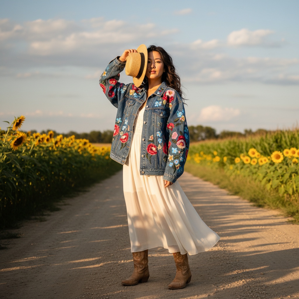 Olivia, a 33-year-old Asian woman, confidently stands on a sunlit dirt road that meanders through a cornfield, embodying the spirit of modern Americana. She is draped in an oversized denim jacket with intricate floral embroidery over a flowing white maxi dress made of lightweight chiffon, which sways gently in the breeze. Her loose, tousled hair frames her face beautifully, enhancing her natural glow. Feet adorned in sun-kissed leather cowboy boots add a bold touch to her outfit. In one hand, she playfully tips a straw hat, hinting at a sense of adventure. The scene is punctuated by vibrant sunflowers against a soft sky, bathed in golden light, creating a dreamy, nostalgic atmosphere that celebrates both past and present. The composition reflects a harmonious balance, inviting viewers to connect with her story of freedom and modern femininity.