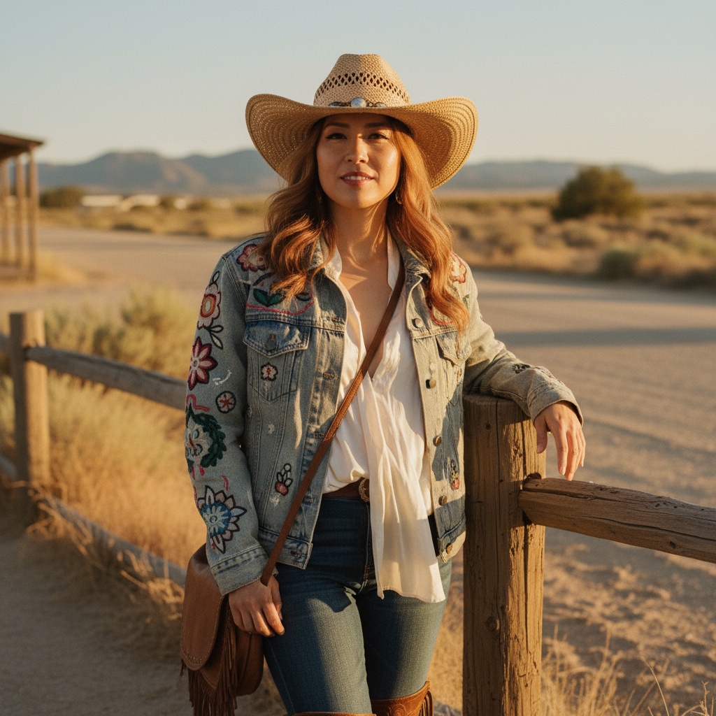 Sarah, a 27-year-old Asian woman embodying modern cowgirl chic, stands confidently against a rustic backdrop reminiscent of Southern Americana on Old Town Road. She wears a distressed denim jacket with intricate embroidery over a flowing ivory chiffon blouse. Her wide-brimmed straw hat casts playful shadows as her chestnut waves catch the warm golden hour sunlight. Leaning casually on a weathered wooden fence, her knowing smile hints at untold stories, capturing a sense of freedom and adventure while emphasizing her strong, feminine presence.