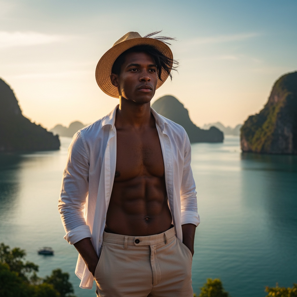 David, a striking 22-year-old black male model, stands serenely against the breathtaking backdrop of Phang Nga Bay in Thailand. He has an athletic build and wears a fitted white cotton shirt, slightly unbuttoned to reveal a hint of his bronzed torso, paired with tailored sandy-beige shorts. The soft morning light casts a golden hue across his features, highlighting his chiseled jawline and deep-set, thoughtful eyes. His wind-swept hair complements the relaxed spirit of the tropical surroundings, while the azure water serves as a shimmering canvas, punctuated by the limestone karsts in the distance. David rests one hand in his pocket and holds a woven straw hat balanced on his head, exuding a carefree sophistication. The composition captures the golden hour glow with rim lighting embracing his silhouette, celebrating the adventurous spirit of youth against one of the world’s most stunning natural wonders.