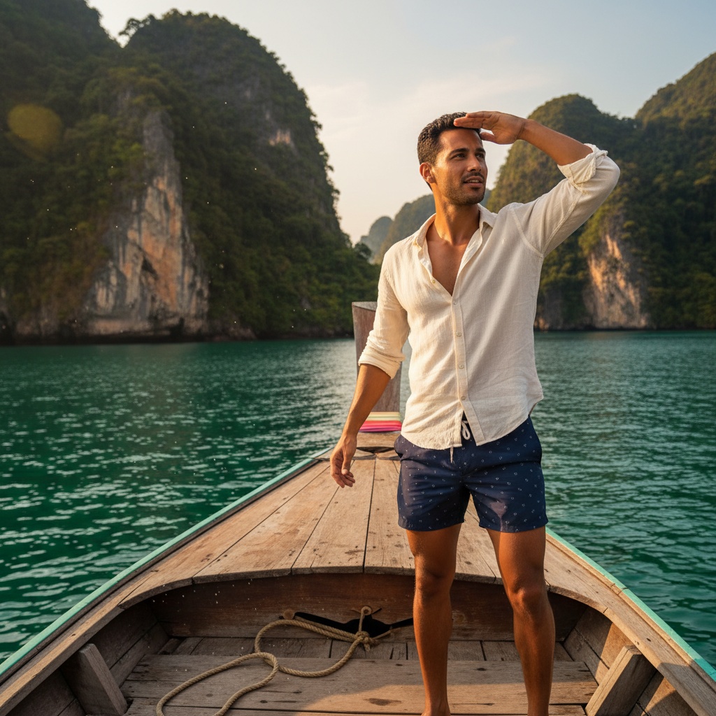 David, a 33-year-old Latin male, stands confidently atop a traditional Thai longtail boat, exploring the emerald waters of Phang Nga Bay. He is dressed in a lightweight linen shirt and tailored swim trunks, exuding charm and adventure. The golden hour sun casts radiant light on his sun-kissed skin, enhancing the vibrant turquoise water and dramatic limestone cliffs draped in lush greenery behind him. One hand rests on the boat's side while the other shields his eyes from the sun, inviting viewers into a narrative of wanderlust and modern exploration, all captured in a dynamic composition.