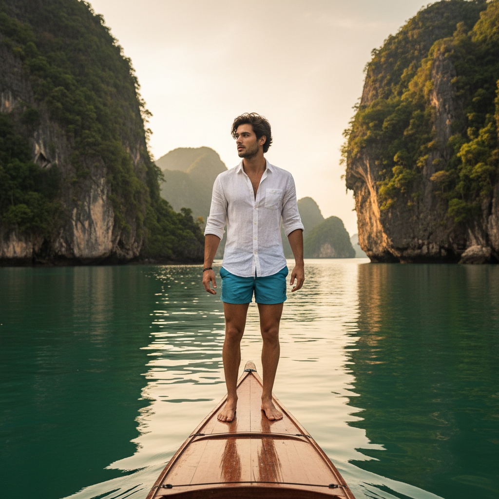 Michael, a 22-year-old Arab male model, stands confidently on a sleek, wooden kayak in Phang Nga Bay, Thailand, with breathtaking limestone cliffs surrounding him. He is dressed in a fitted, white linen shirt with rolled-up sleeves and tailored ocean-blue swim shorts, embodying coastal chic during the golden hour. His tousled hair blows in the tropical breeze as he gazes thoughtfully into the distance, encapsulated in warm, soft lighting that highlights the emerald waters and majestic cliffs. The composition beautifully frames him with the reflections on the water, creating a serene and adventurous atmosphere that evokes wanderlust.