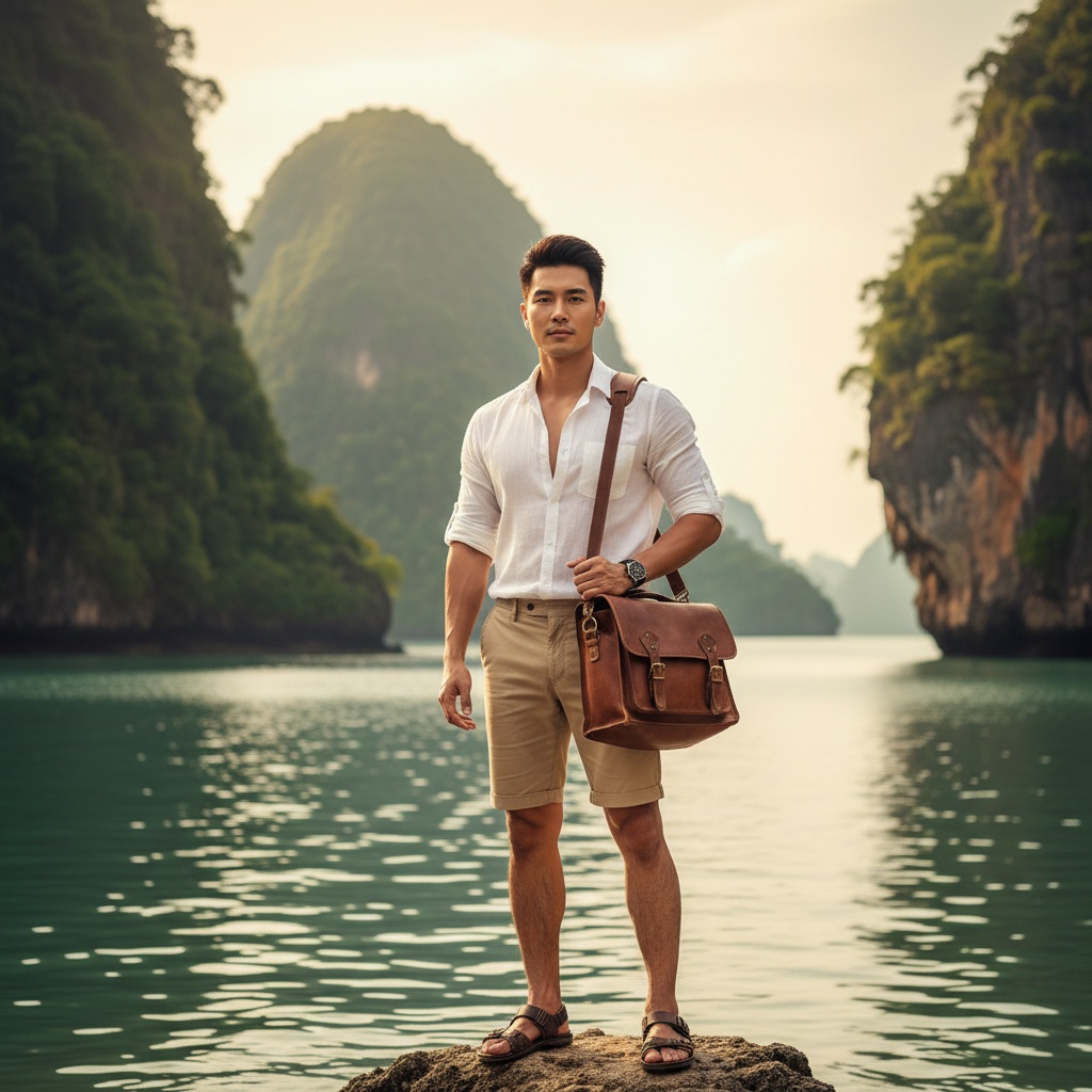 Michael, a 31-year-old Asian male model standing heroically against the breathtaking backdrop of Phang Nga Bay, surrounded by towering limestone karsts emerging from emerald waters. He exudes the adventurous spirit of a modern-day explorer, dressed in a crisp linen short-sleeve shirt and tailored sandy beige shorts. The warm sunlight casts a golden hue, highlighting his athletic physique. He holds a vintage leather satchel, embodying a narrative of future journeys. Positioned slightly off-center with a shallow depth of field, the image captures the tranquility of nature while showcasing the mesmerizing water surface and bokeh effect, invoking feelings of wanderlust and adventure.