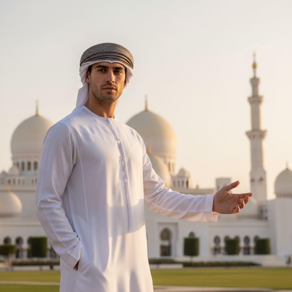 James, a striking 27-year-old male model, embodies effortless sophistication in a finely tailored white kandura made from a luxurious cotton-silk blend, in Abu Dhabi. His look is enhanced by a charcoal agal atop his head, framing his chiseled features. The backdrop features the iconic Sheikh Zayed Mosque and Abu Dhabi's opulent skyline, bathed in the warm golden hues of sunset, casting long shadows. His relaxed pose, with one hand in his pocket and the other invitingly outward, captures a blend of modernity and tradition, highlighting the craftsmanship of his attire and contemporary Emirati identity. Soft ambient lighting enriches the textures of the kandura, presenting a narrative of cultural sophistication.