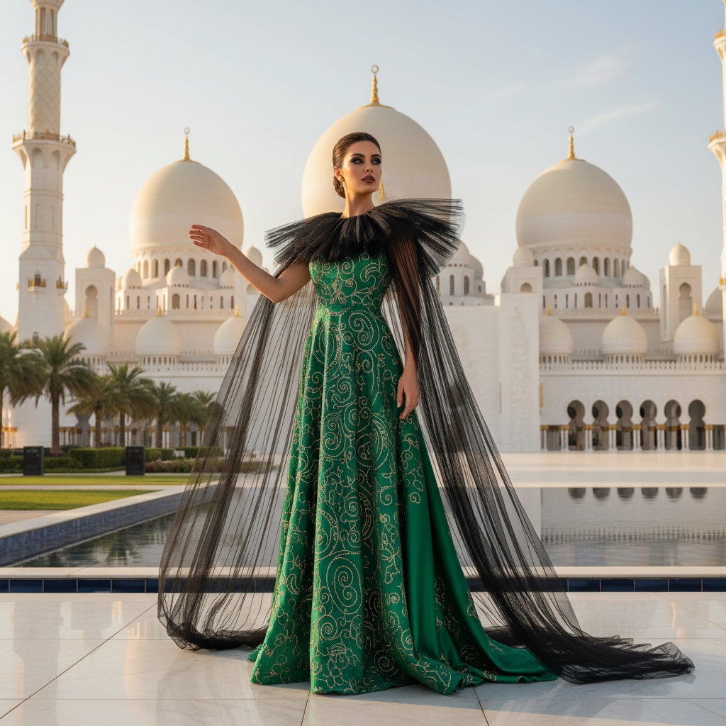 Jane, a 33-year-old Arab female model, stands elegantly on a terrace against the breathtaking backdrop of Abu Dhabi's Sheikh Zayed Grand Mosque. She embodies modern elegance, wearing a stunning floor-length gown of shimmering silk chiffon with delicate gold embroidery, complemented by an avant-garde tulle illusion cape. Her posture is graceful, one arm outstretched, inviting the viewer into her world. Dramatic eye makeup enhances her mystique as the late afternoon sun bathes the scene in a golden hue, capturing the intricate details of her gown and the marble architecture. This editorial piece symbolizes the blend of Arabian tradition and contemporary fashion.