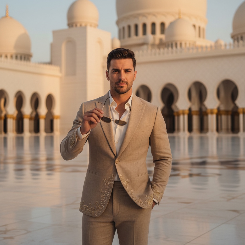 John, a 30-year-old male model exuding refined vitality, stands poised in the heart of Abu Dhabi’s Qasr Al Watan. Dressed in a tailored, sand-hued linen suit with intricate embroidery, he embodies contemporary Arabian elegance. One hand is casually tucked into his pocket while the other holds vintage aviators reflecting the palace's gold-leaf details. The warm, late afternoon sun bathes him in a golden glow, enhancing the majestic domes and arches of the palace in the background. The overall mood captures luxury and contemplative freedom, illustrating a blend of tradition and modernity.