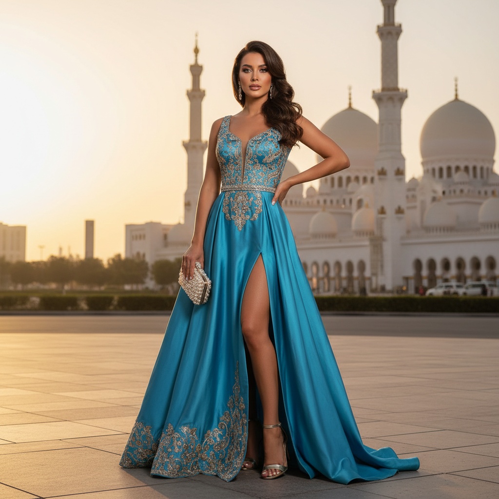 Olivia, a striking 25-year-old white woman embodying the sophisticated spirit of Abu Dhabi, captured in a breathtaking street-style editorial. She wears a floor-length gown of shimmering azure silk with intricate Emirati-inspired embroidery and a daring high slit, revealing strappy metallic heels. With dark, flowing hair in soft waves framing her face, enhanced by sun-kissed makeup, she stands confidently against Abu Dhabi's skyline, with the Sheikh Zayed Grand Mosque in the distance. Her dynamic pose, with one hand on her hip and the other holding a designer clutch, captures the perfect balance of tradition and modern luxury in golden hour lighting, evoking the essence of a modern-day queen.
