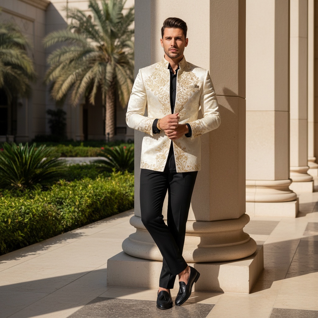 David, a striking male model aged 29, embodies opulent sophistication against the backdrop of the Emirates Palace in Abu Dhabi. Adorned in a tailored ivory silk ensemble with intricate gold embroidery, his jacket features a high collar and bespoke cut, draping elegantly over a fitted black shirt and tailored trousers that graze polished black leather loafers. His pose is powerful yet relaxed, one hand resting on a grand marble pillar while the other adjusts a delicate gold cuff bracelet. Natural sunlight filters through the stunning architecture, casting dramatic shadows that highlight the exquisite details of his outfit and the lush greenery surrounding the palace, creating a rich tapestry of color and texture that radiates regal elegance and cultural heritage.