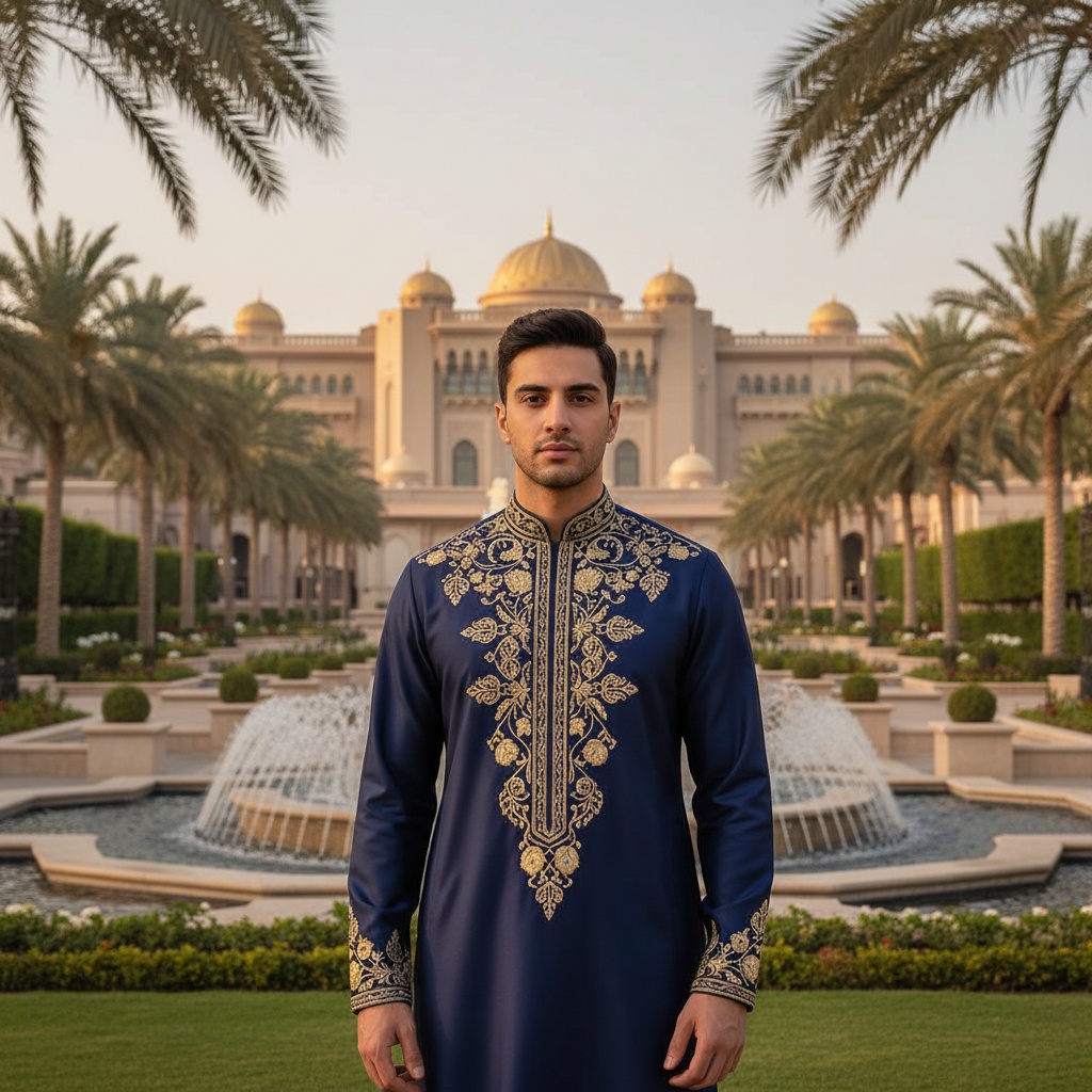 David, a distinguished 24-year-old male, standing regal amidst the opulent architecture of the Emirates Palace. He wears a bespoke deep navy blue thobe with intricate golden embroidery, exuding sophistication and power. The rich texture of the mikado silk fabric catches the golden hour light, highlighting his confident yet serene gaze. Lush gardens and cascading fountains frame him, with palm fronds artfully positioning the palace's golden domes in the background, emphasizing both his presence and the grandeur of the setting.