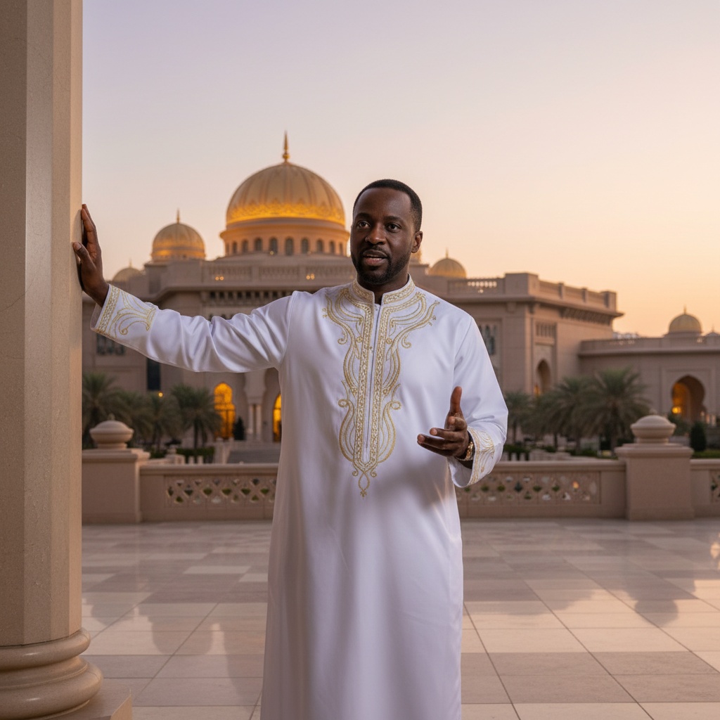 Michael, a distinguished black male figure aged 34, epitomizing regal sophistication at Emirates Palace in Abu Dhabi. He is dressed in a tailored white kandura with intricate gold embroidery, exuding authority and refinement. His poised stance includes one hand on a marble column and the other gesturing dynamically in mid-conversation. The opulent architecture of the palace, with its domes and arches illuminated by warm twilight, serves as a stunning backdrop, enhancing the luxurious textures of his attire. The composition reflects cultural depth and timeless elegance, characteristic of the Emirates.