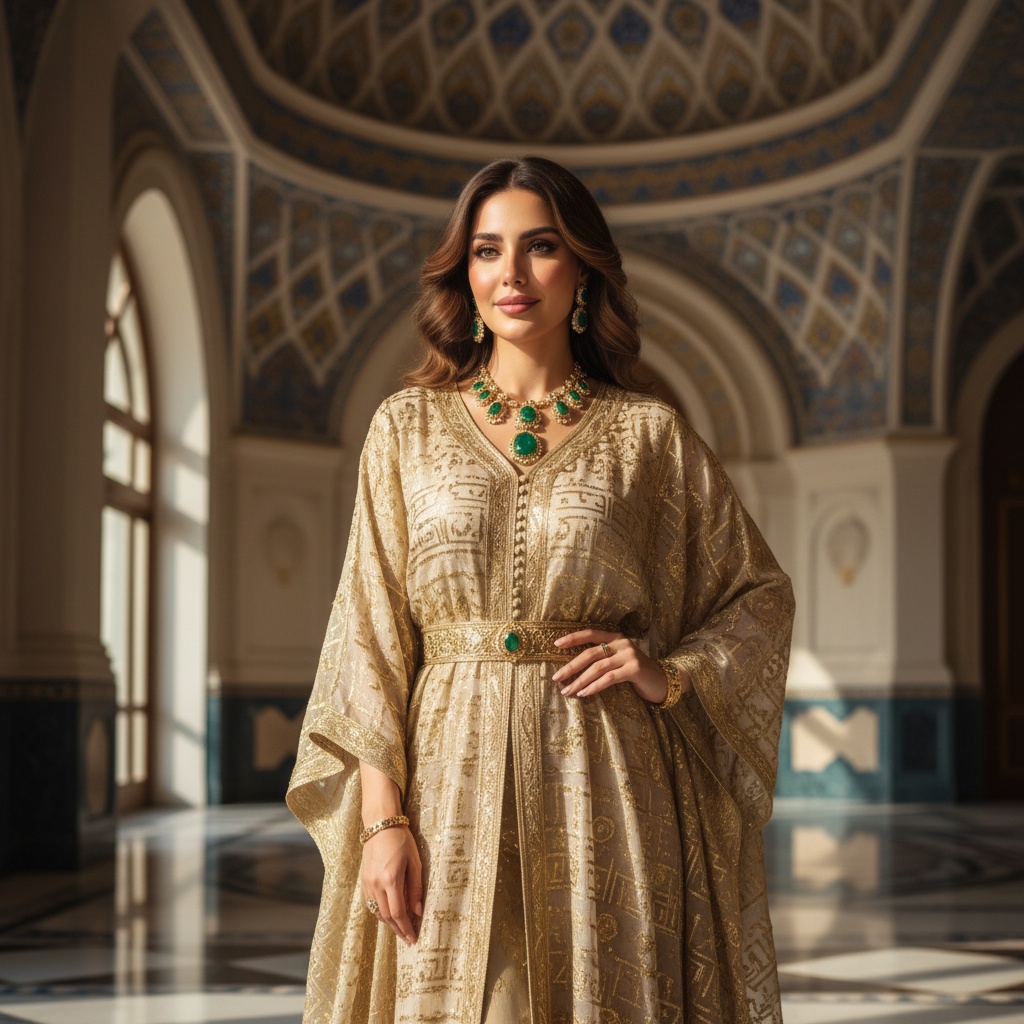 Olivia, a 28-year-old Middle Eastern woman, standing gracefully in the Emirates Palace, exuding the elegance of a modern sultana. She is dressed in a luxurious gold-embroidered kaftan made of flowing chiffon georgette with intricate hand-stitched patterns. Adorned with deep emerald green jewelry, her poised demeanor reflects warmth and authority. The grand architectural backdrop of ornate domes and mosaic tiles enhances the sense of opulence, with Rembrandt lighting highlighting her features and creating a shallow depth of field. Her confident pose draws the viewer into her world of contemporary royalty, evoking feelings of enchantment and admiration.