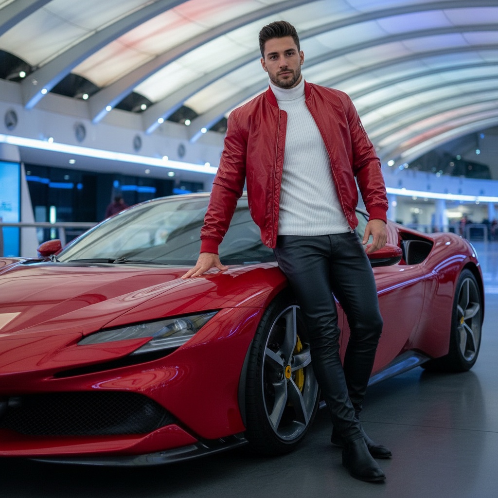 David, a 25-year-old male with an athletic build and confident demeanor, stands against a glossy red Ferrari at Ferrari World in Abu Dhabi. He wears a tailored crimson bomber jacket made of high-gloss nylon, a stark white turtleneck, and sleek black leather trousers that accentuate his silhouette. Casual and stylish, he leans against the car with one arm draped along its contour, exuding modern masculinity and effortless coolness. The backdrop showcases the iconic architecture of Ferrari World, illuminated with vibrant lighting capturing the luxury and thrilling atmosphere of speed and adventure. The composition highlights both David and the car, emphasizing the allure of automotive art and youth culture, all while embodying a sense of freedom.