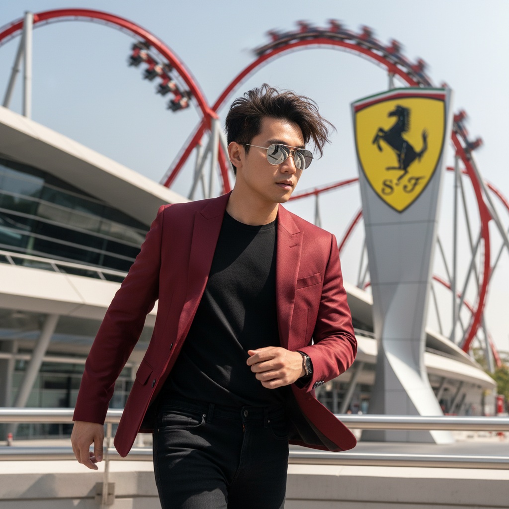 A striking portrait of John, a 27-year-old Asian male, in an adrenaline-fueled moment at Ferrari World. He wears a tailored crimson bomber jacket reflecting Ferrari's iconic shade, paired with fitted black denim jeans. His tousled hair catches the light, and stylish aviator sunglasses reflect the vibrant attractions behind him. The dynamic architecture of Ferrari World, with magnificent ride coasters and a bold Ferrari logo in the background, suggests motion and excitement. The lighting is bright and playful, highlighting the textures of his jacket and the curves of the setting, capturing a mood of youthful exuberance and luxury.