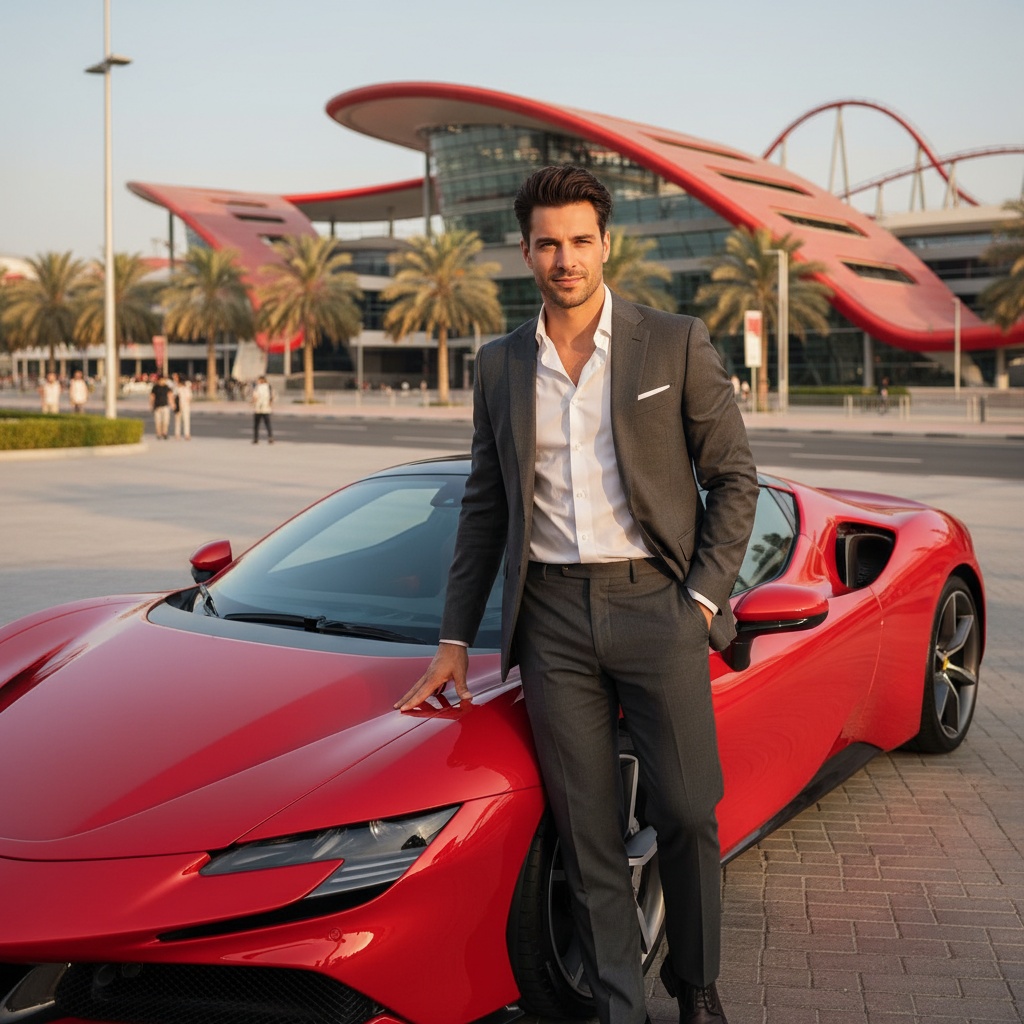John, a 31-year-old white male, stands beside a sleek scarlet Ferrari at Ferrari World, embodying sophistication and thrill. Dressed in a tailored charcoal grey suit with a slightly unbuttoned jacket revealing a crisp white shirt, he balances luxury and rebellion. The vibrant background of Ferrari World's architectural grandeur enhances the dynamic scene, with lighting highlighting the car's gloss. John leans against the car casually, one hand on the hood, tousled hair brushed back, sporting a confident smirk that captures excitement and ambition, reflecting the essence of modern masculinity and adventure.