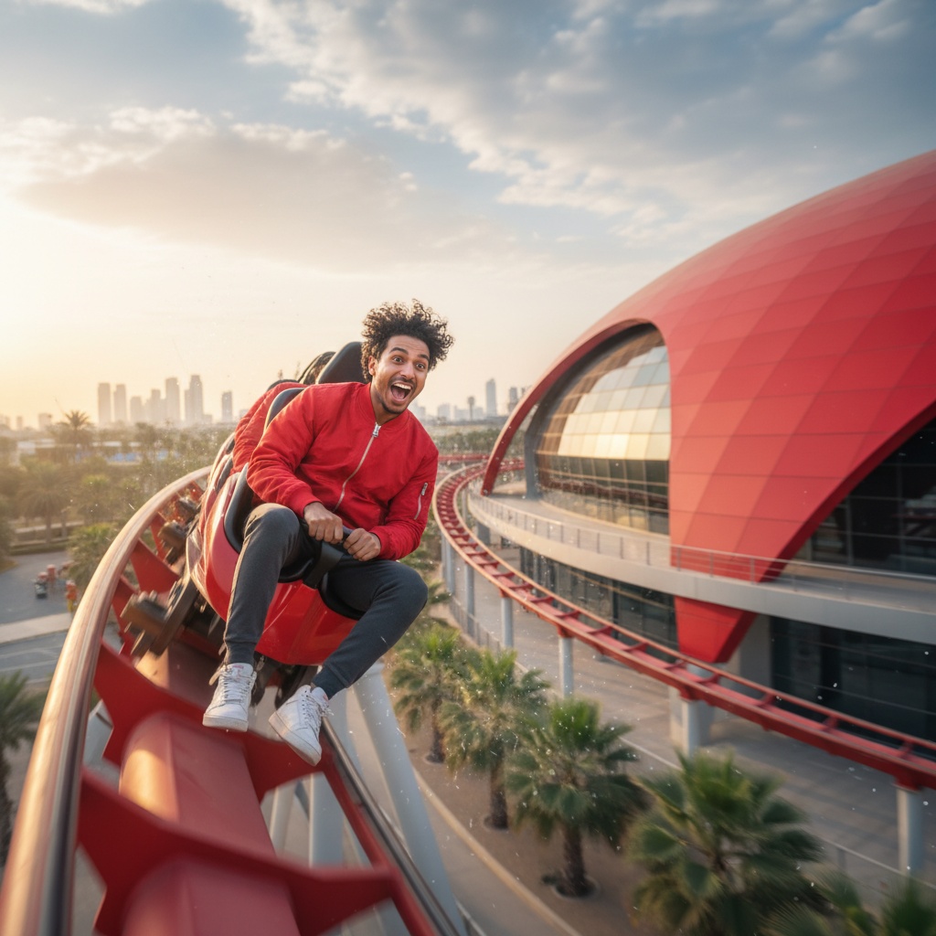 John, a 23-year-old Indian male thrill-seeker, is captured in mid-action at Ferrari World in Abu Dhabi. He is wearing a bright red bomber jacket, charcoal joggers, and white high-top sneakers, embodying youthful exuberance. Riding the Formula Rossa roller coaster, his face is filled with exhilaration, and his tousled hair is swept by the wind. The vibrant daylight enhances the scene, with golden-hour hues illuminating his features and the striking architecture of Ferrari World in the background, following the rule of thirds to draw attention to his adventure.