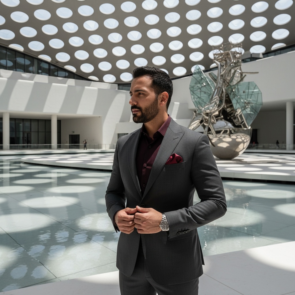 David, a striking Arab male figure aged 33, stands poised elegantly within the ethereal architecture of the Louvre Abu Dhabi, dressed in a tailored charcoal gray suit that exudes sophistication. The interplay of light and shadow creates a captivating chiaroscuro effect highlighting his chiseled features as he contemplatively gazes at a contemporary art piece. A silk merlot pocket square adds a touch of color, while the museum's futuristic design and reflective water pools create an atmospheric backdrop. This composition captures the essence of cultural sophistication and introspective beauty, radiating reverence for art.